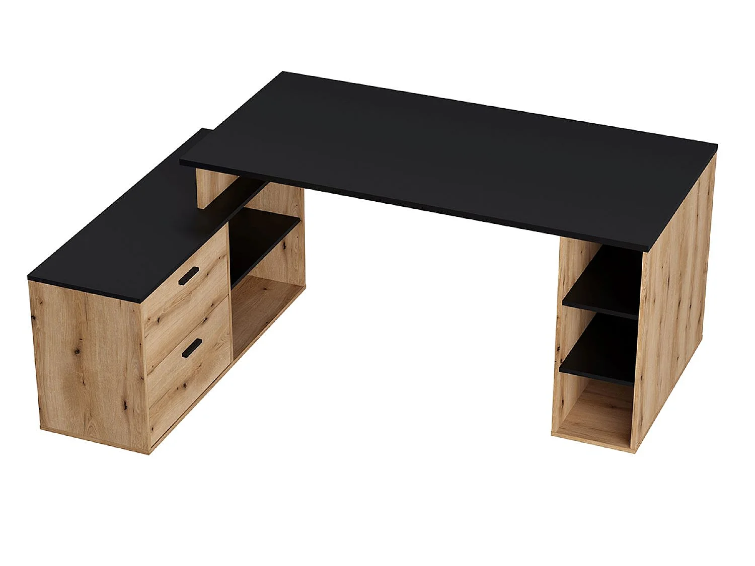 Bureau d'angle en mélamine coloris imitation chêne artisan / noir mat - Longueur 183  x profondeur 141 x Hauteur 75 cm
