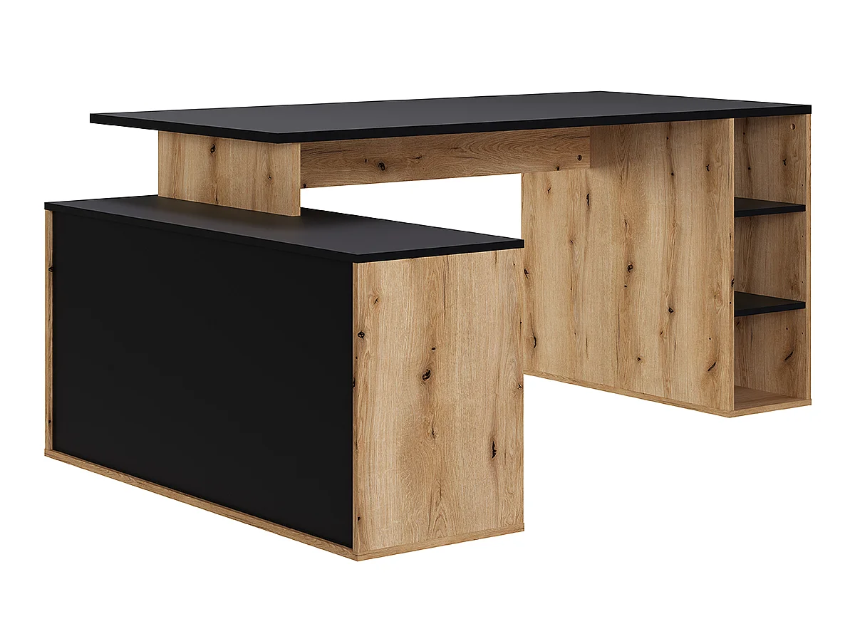 Bureau d'angle en mélamine coloris imitation chêne artisan / noir mat - Longueur 183  x profondeur 141 x Hauteur 75 cm