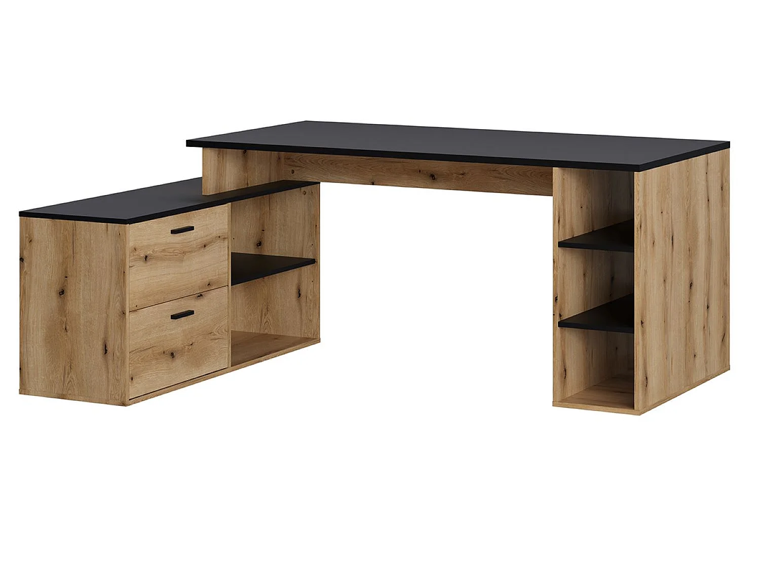 Bureau d'angle en mélamine coloris imitation chêne artisan / noir mat - Longueur 183  x profondeur 141 x Hauteur 75 cm