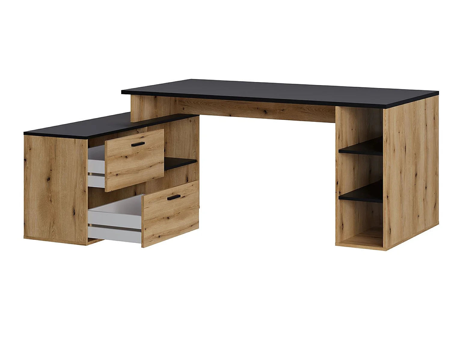 Bureau d'angle en mélamine coloris imitation chêne artisan / noir mat - Longueur 183  x profondeur 141 x Hauteur 75 cm