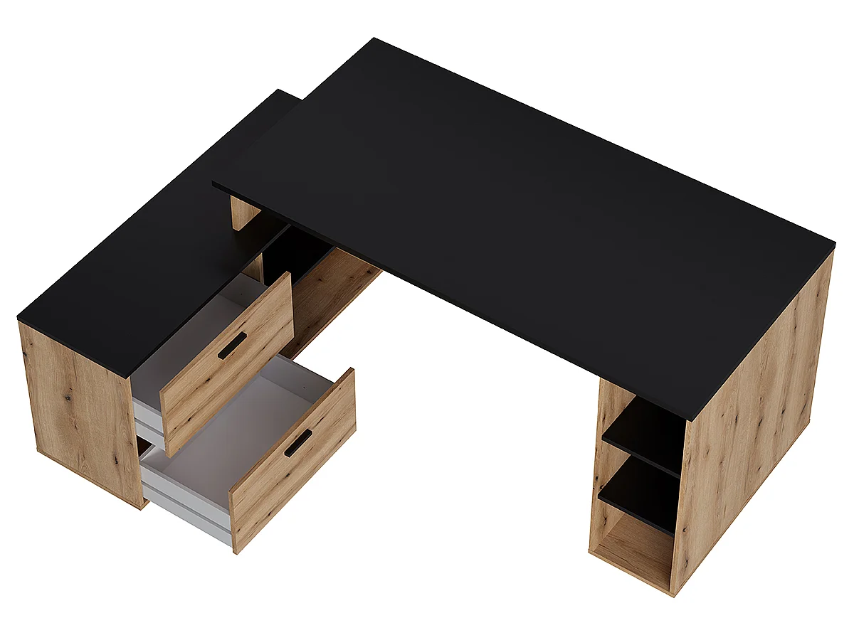 Bureau d'angle en mélamine coloris imitation chêne artisan / noir mat - Longueur 183  x profondeur 141 x Hauteur 75 cm
