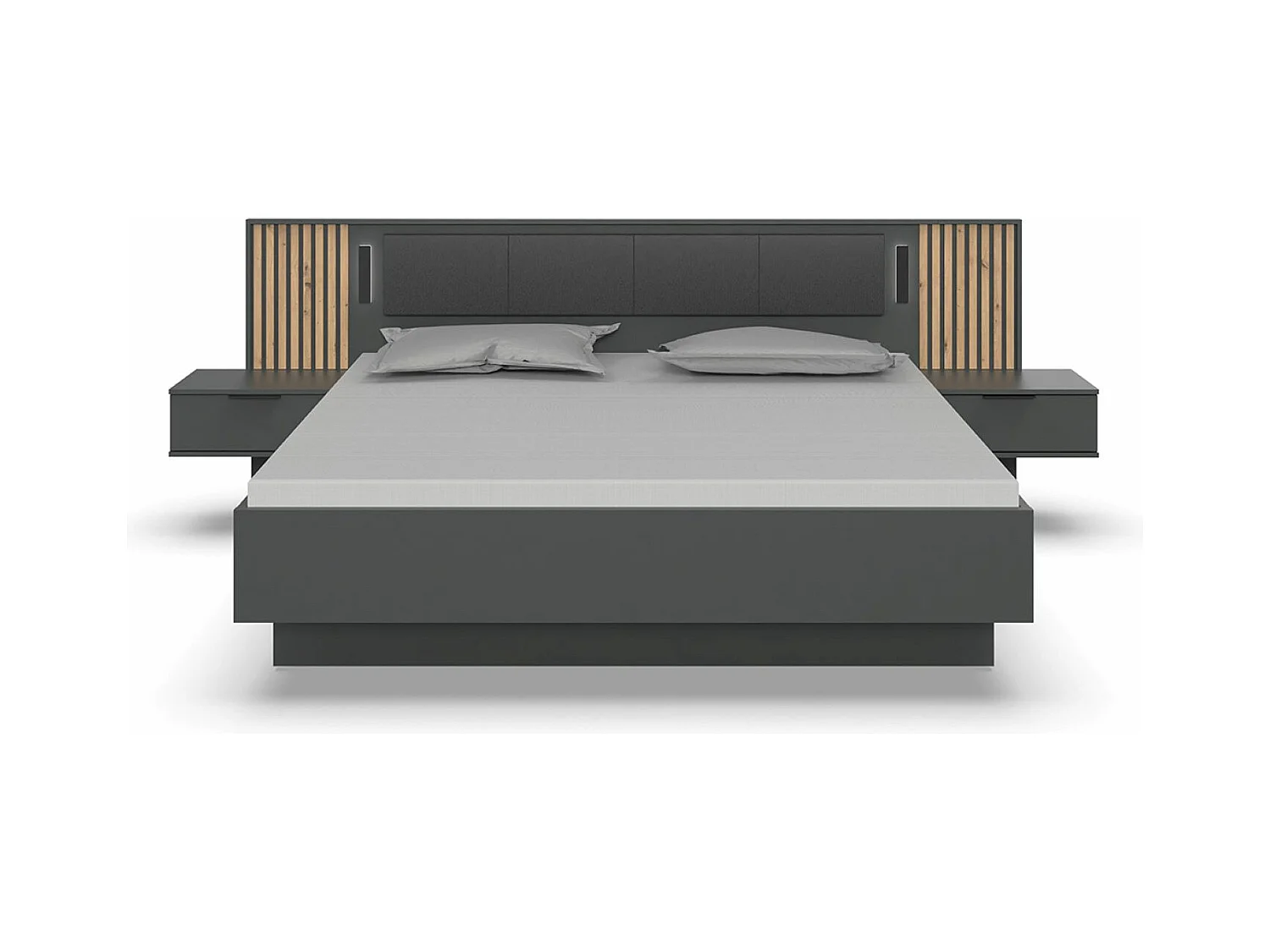 Lit adulte double 180 x 200 + 2 chevets coloris graphite, lamelles imitation chêne Artisan - Longueur 301 x Hauteur 104 x Profondeur 210 cm 