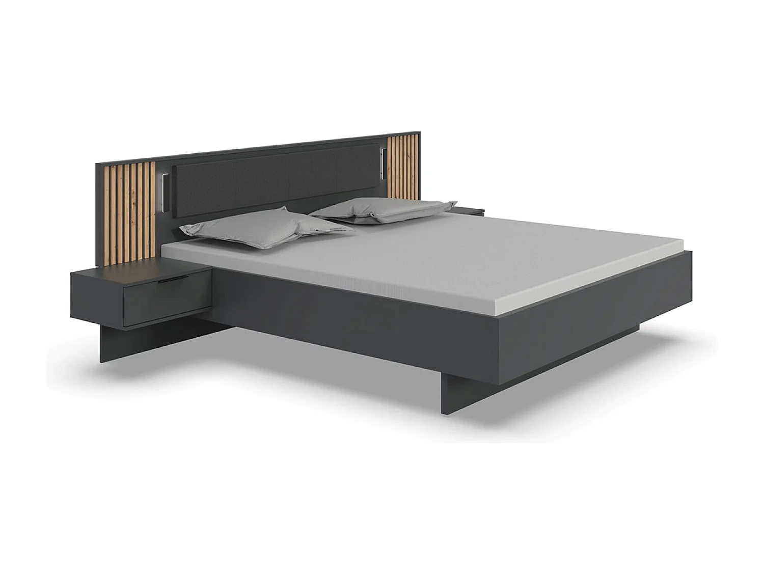 Lit adulte double 180 x 200 + 2 chevets coloris graphite, lamelles imitation chêne Artisan - Longueur 301 x Hauteur 104 x Profondeur 210 cm 