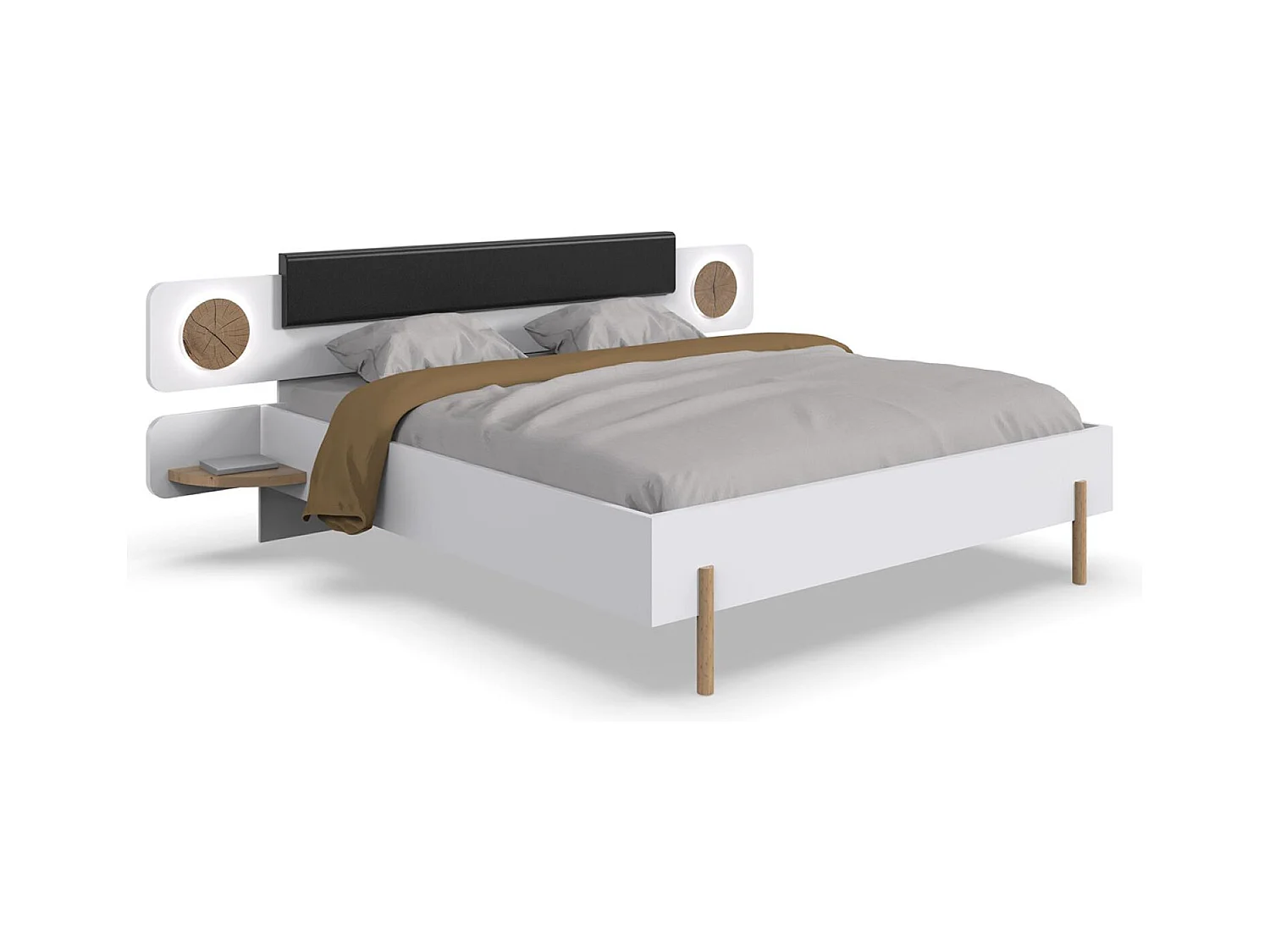 Lit adulte + 2 tables de chevets coloris blanc, rechampis imitation bois - Longueur 260 x Hauteur 95 x Profondeur 210 cm 