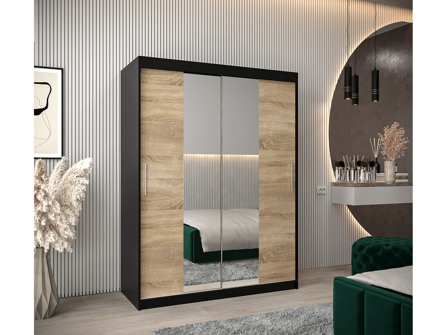 Tokyo 1 kledingkast met schuifdeuren 200/150/62 2 deuren (zwart/sonoma)