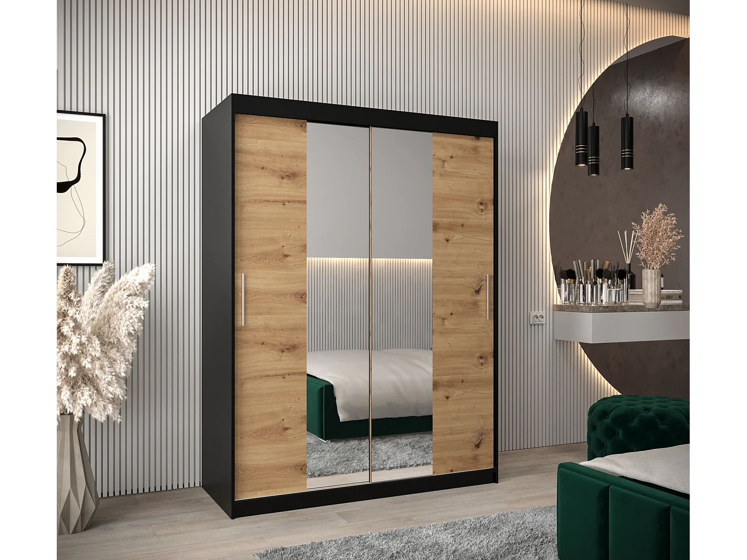 Schwebetürenschrank Tokyo 1 200/150/62 2-Türig (Schwarz/Artisan)