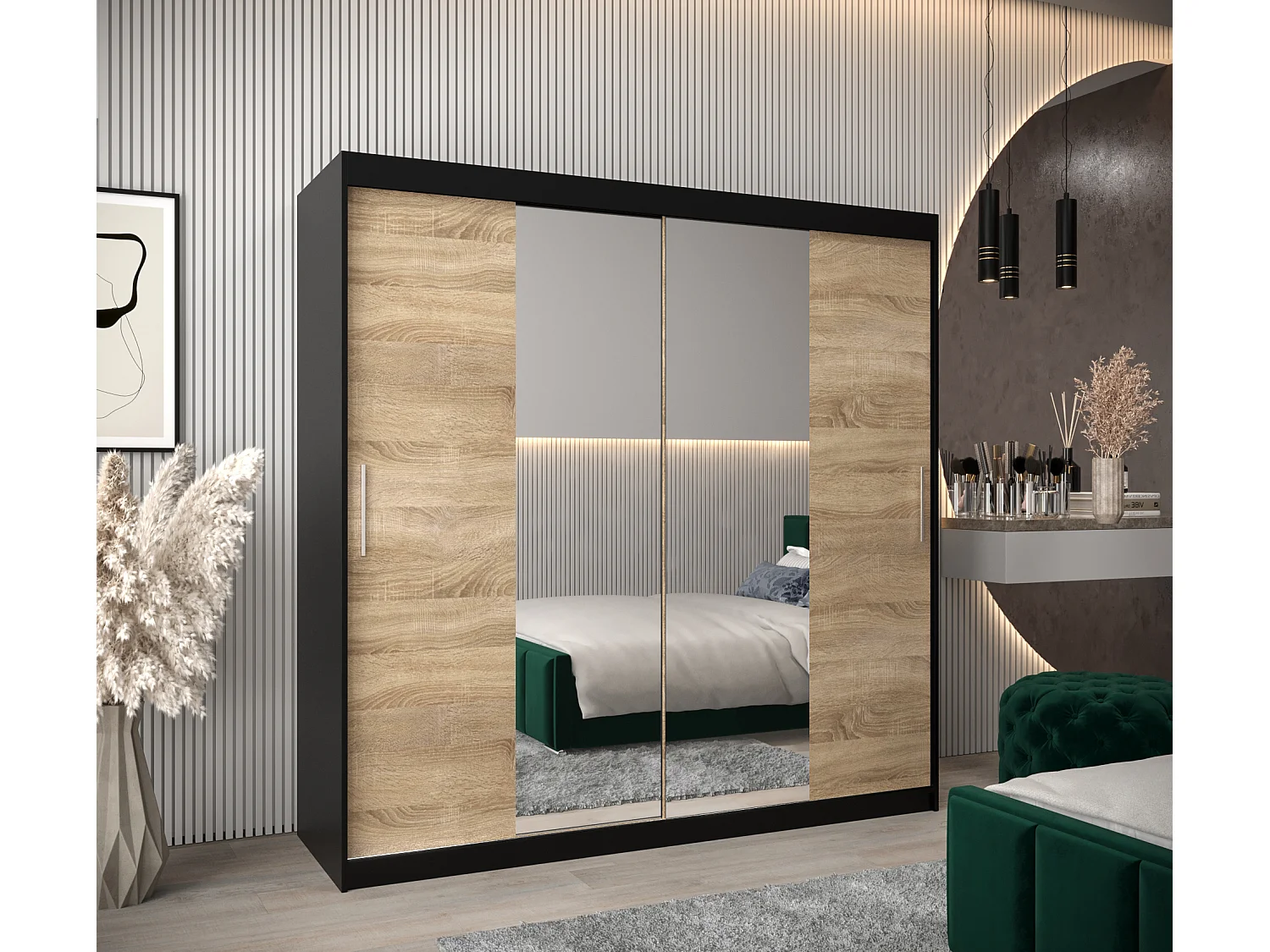 Schwebetürenschrank Tokyo 1 200/200/62 2-Türig (Schwarz/Sonoma)