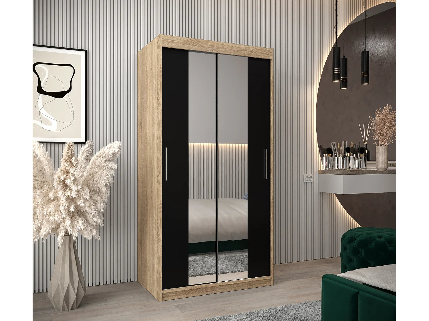 Schwebetürenschrank Tokyo 1 200/100/62 2-Türig (Sonoma/Schwarz)