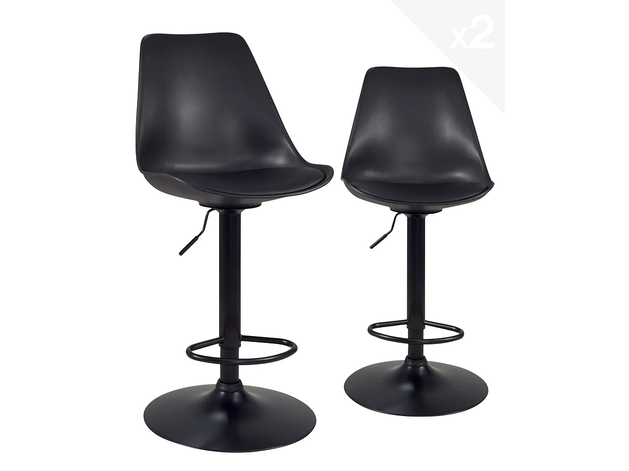 Lot 2 chaises de bar grand siège coussin simili cuir, pivotant, hauteur réglable SIG XL (noir intégral)