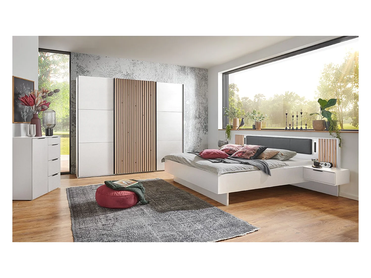Ensemble de chambre à coucher complète coloris blanc, lamelles imitation chêne Artisan sur graphite