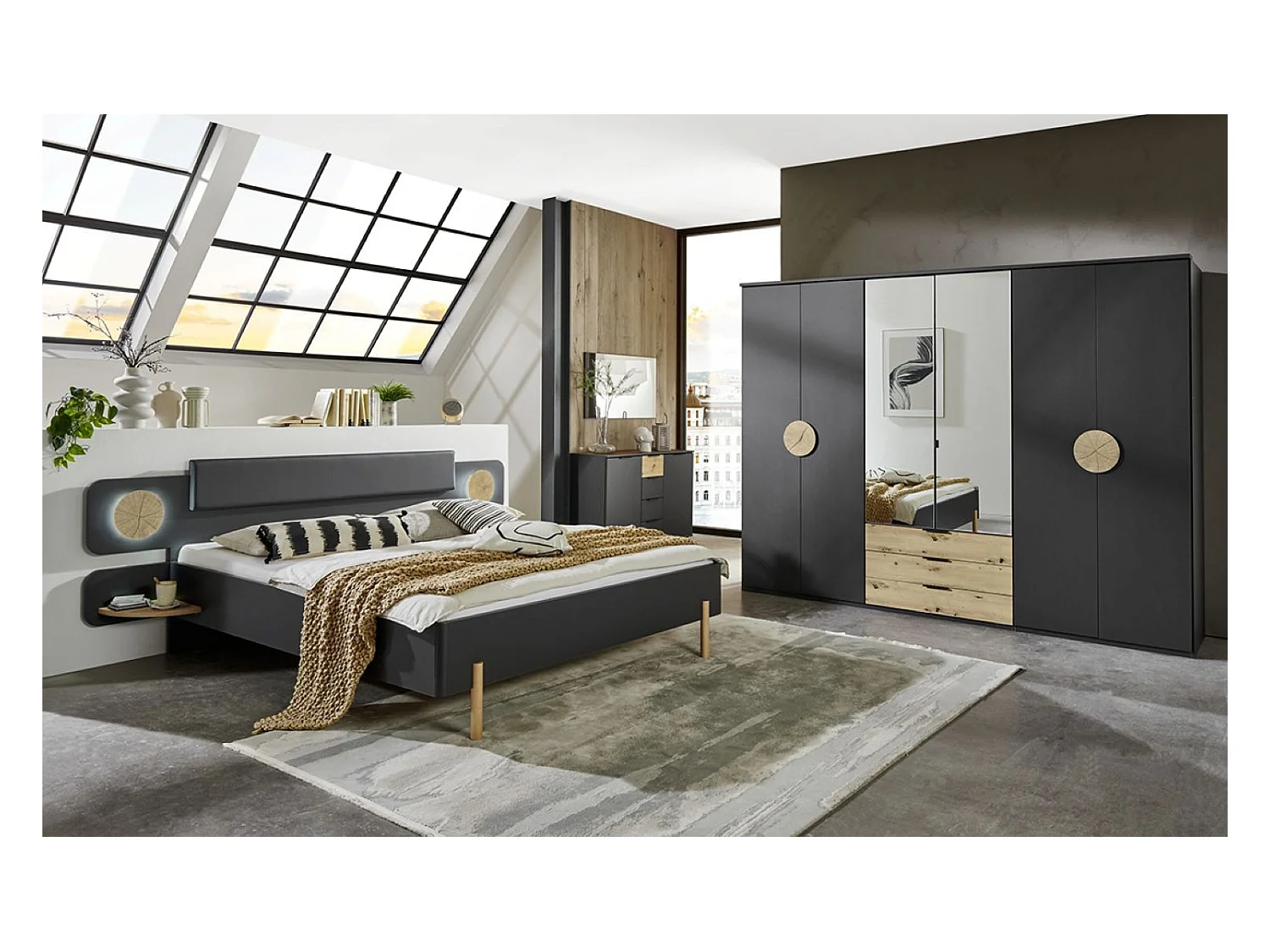 Ensemble de chambre à coucher complète coloris graphite, rechampis imitation bois