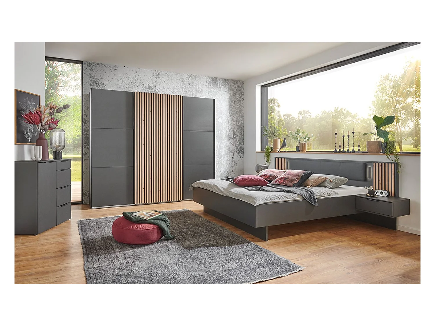 Ensemble de chambre à coucher complète coloris graphite, lamelles imitation chêne Artisan