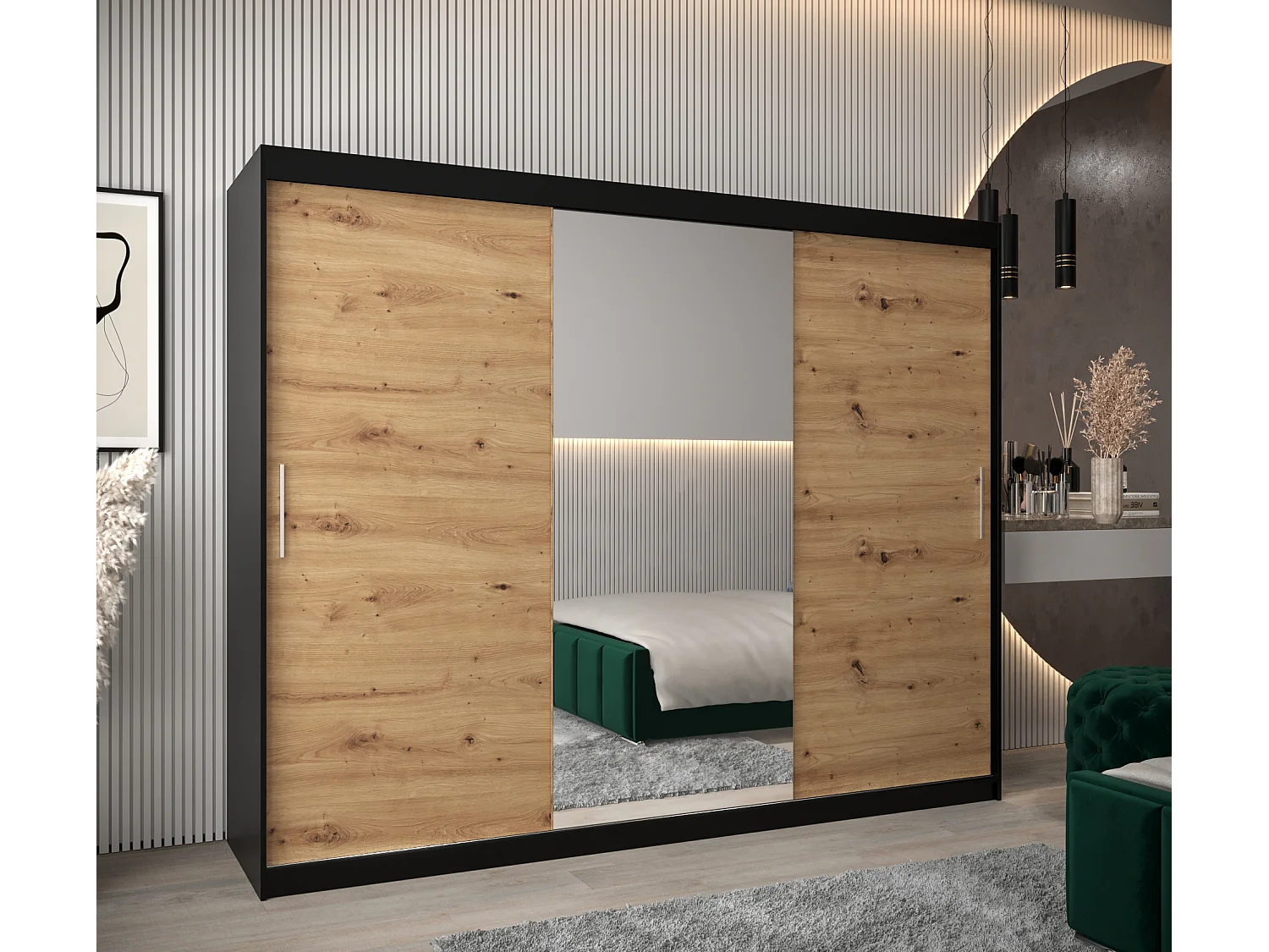 Armoire Tokyo 1 À Portes Coulissantes 200/250/62 3 Portes (Noir/Artisan)