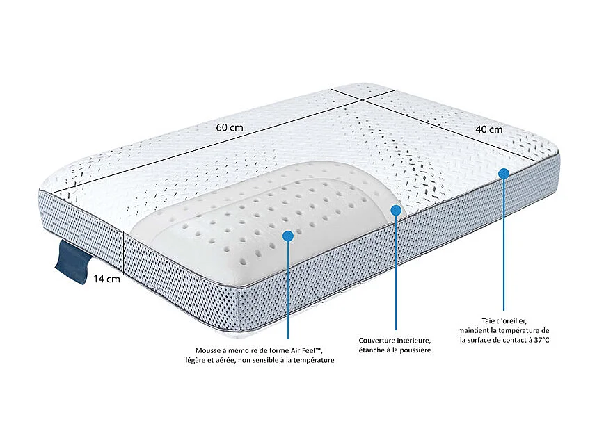 Oreiller 60 x 40 cm avec mousse à mémoire de forme Air Feel™ - LUNA 01