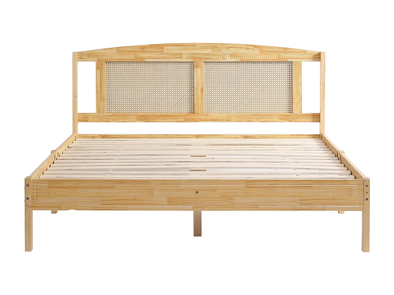 Cama de casal 160x200cm, cama de adulto em design de verga, com estrado e cabeceira de ripas, pinho + vime PE, Natural