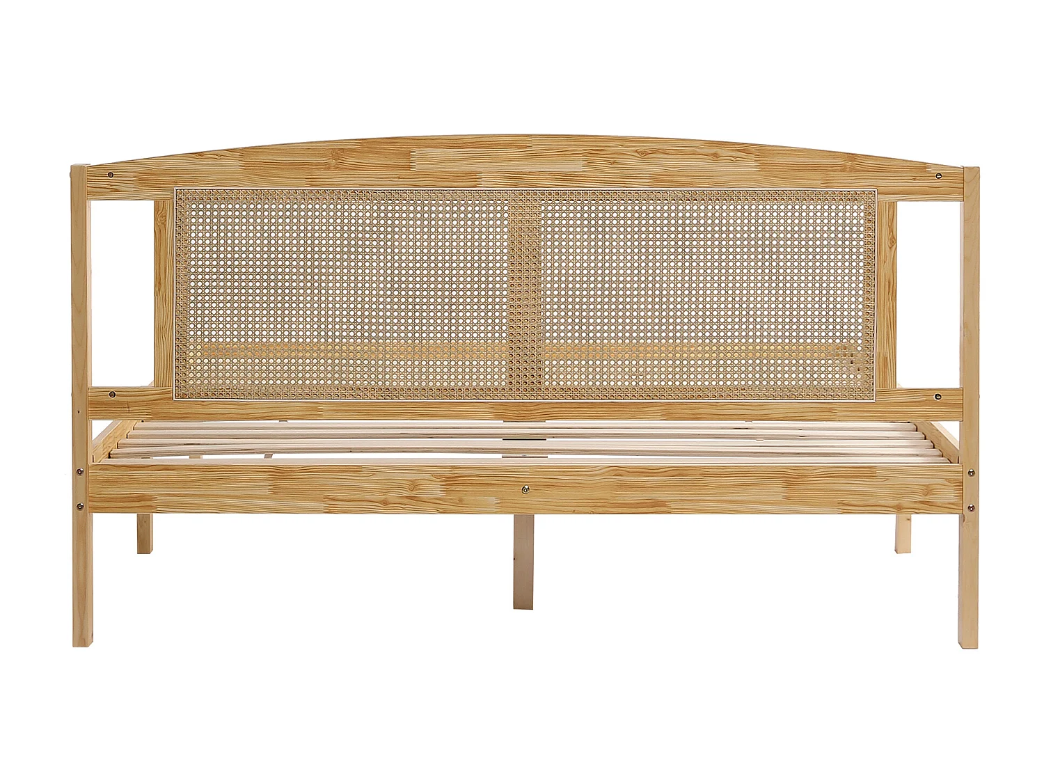 Cama de casal 160x200cm, cama de adulto em design de verga, com estrado e cabeceira de ripas, pinho + vime PE, Natural