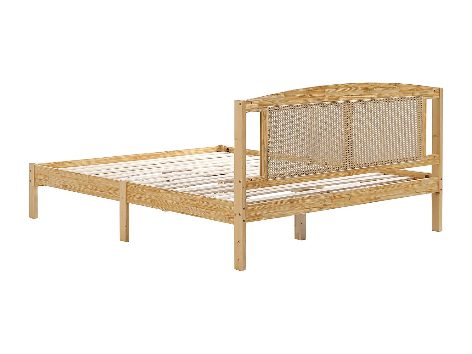 Cama de casal 160x200cm, cama de adulto em design de verga, com estrado e cabeceira de ripas, pinho + vime PE, Natural