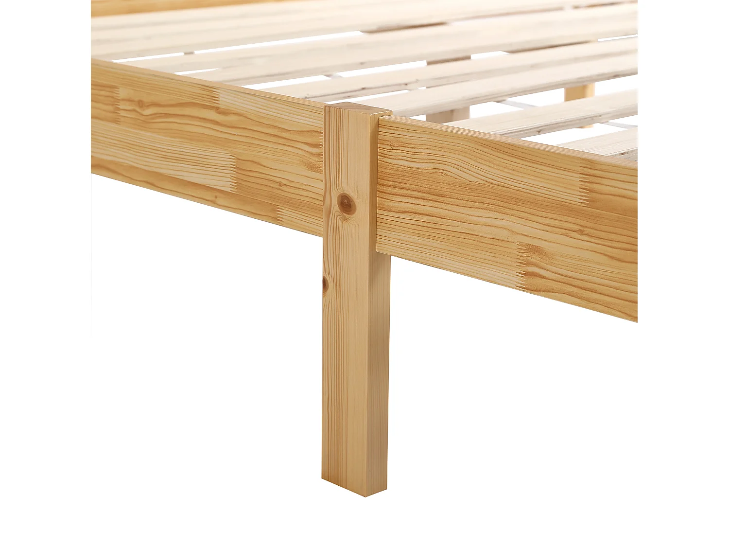 Cama de casal 160x200cm, cama de adulto em design de verga, com estrado e cabeceira de ripas, pinho + vime PE, Natural