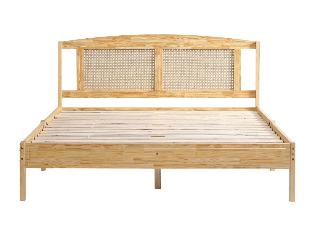 Tweepersoonsbed 160x200cm, volwassen bed in rotan design, met lattenbodem en hoofdbord, grenen + PE rotan, Naturel