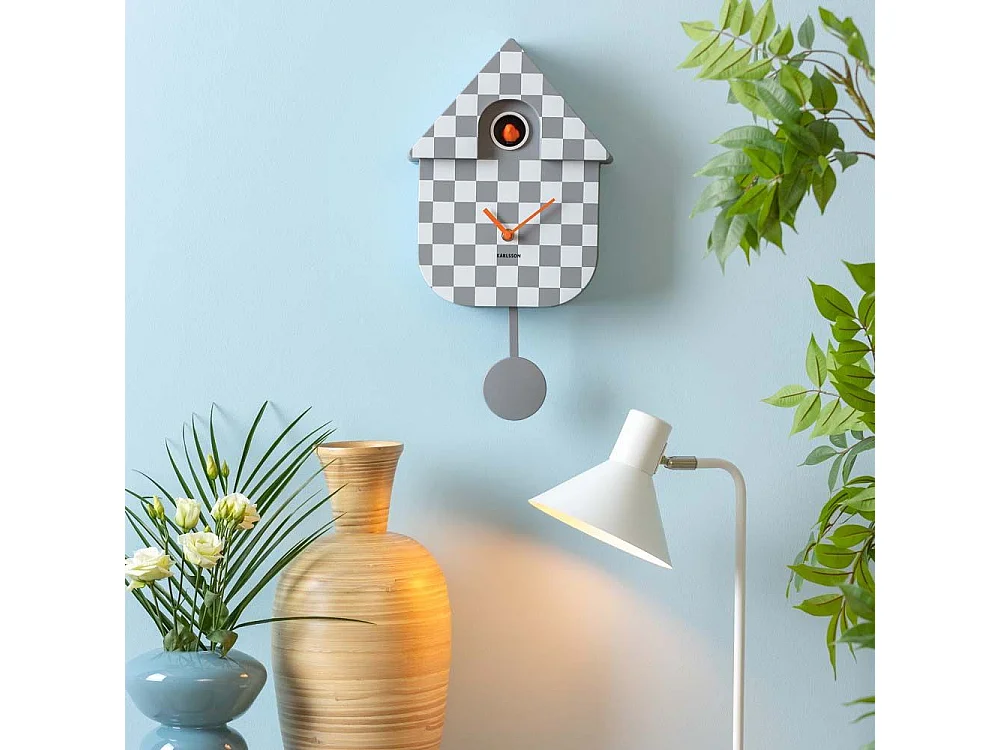 Horloge murale moderne Cuckoo Checker Gris et blanc