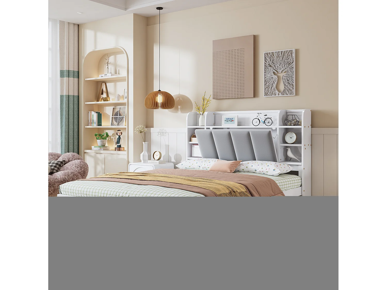 Letto matrimoniale 140x200 cm in pino e MDF con testiera contenitore, ripiani aperti e 3 cassetti - Bianco