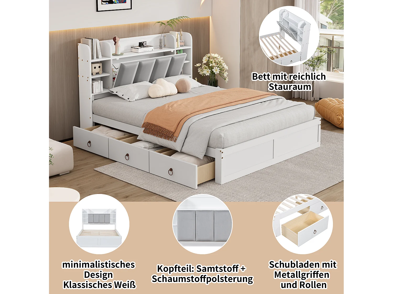 Letto matrimoniale 140x200 cm in pino e MDF con testiera contenitore, ripiani aperti e 3 cassetti - Bianco