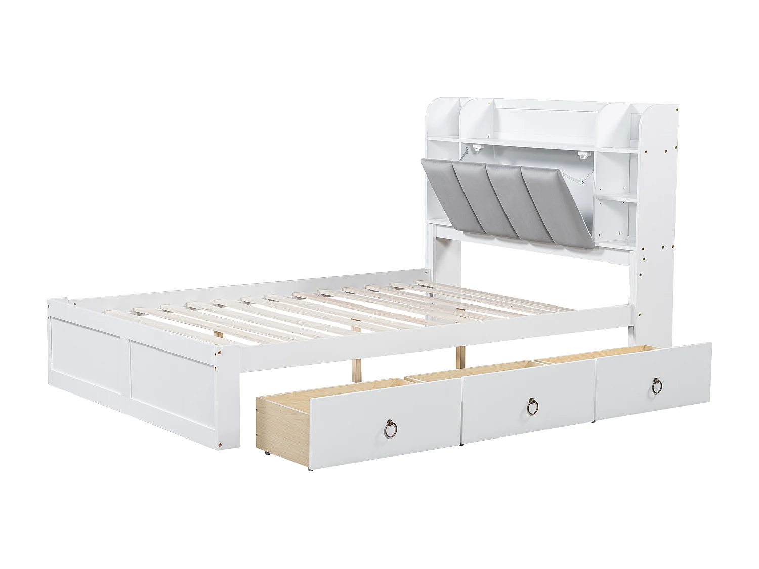 Letto matrimoniale 140x200 cm in pino e MDF con testiera contenitore, ripiani aperti e 3 cassetti - Bianco