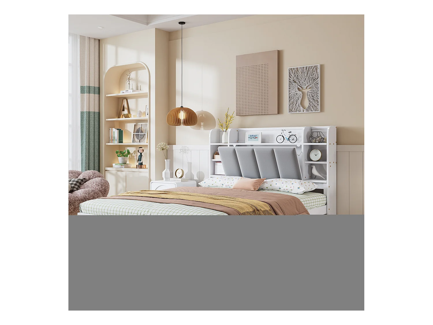 Lit double 140x200 cm en pin et MDF avec tête de rangement, étagères ouvertes et 3 tiroirs - Blanc