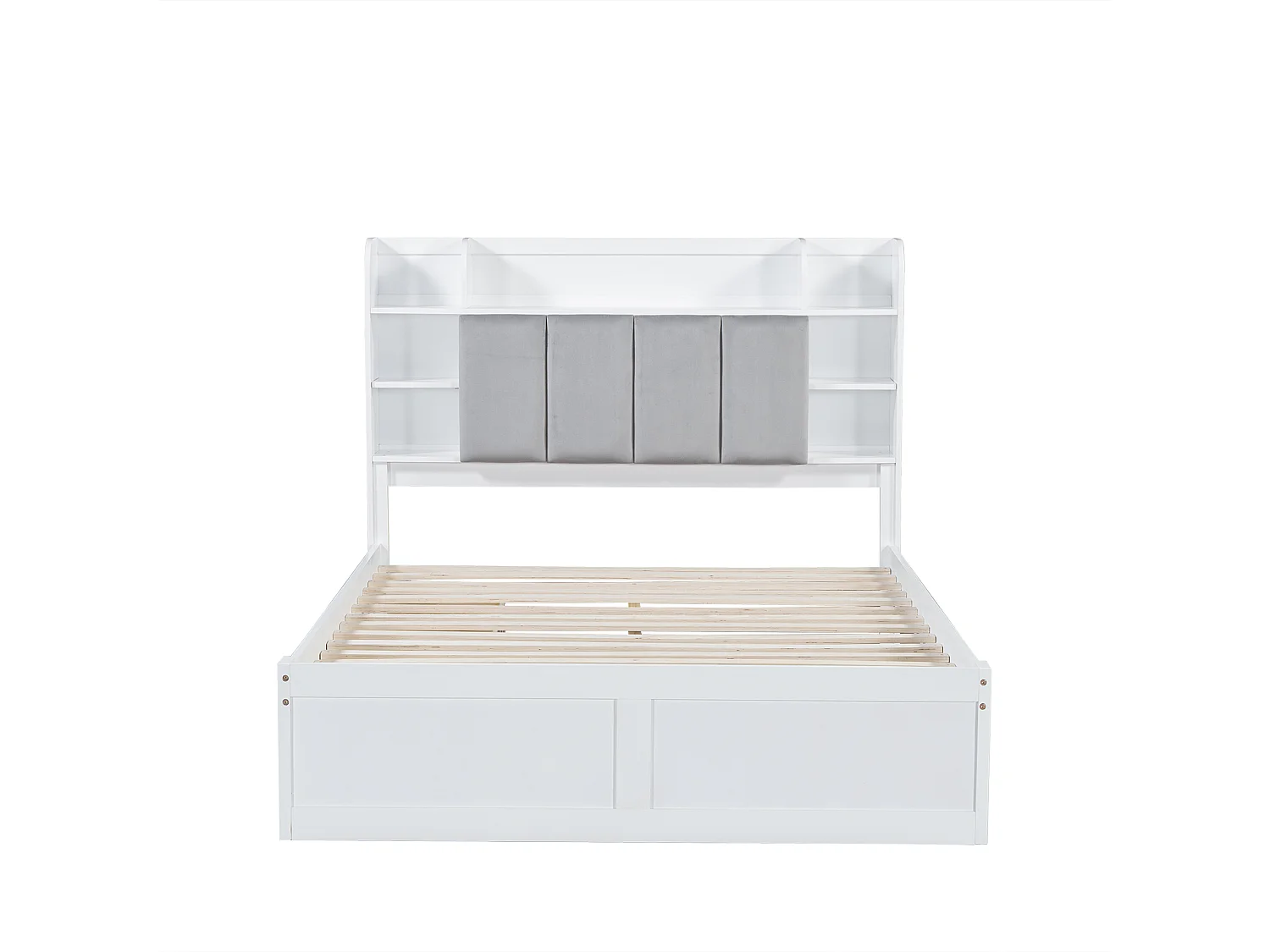 Doppelbett 140x200 cm aus Kiefernholz und MDF mit Bettkastenkopfteil, offenen Regalen und 3 Schubladen - Weiß