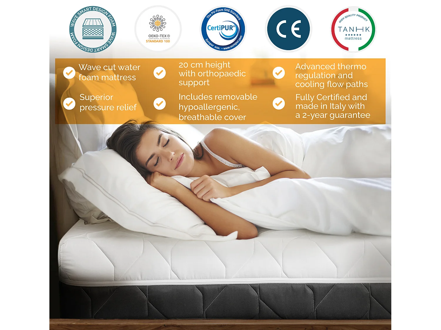 TANHK Matelas de circulation d'air frais 140x200, 20cm,  Souple à mi-ferme, Hypoallergénique, Housse amovible, Fabriquée en Italie