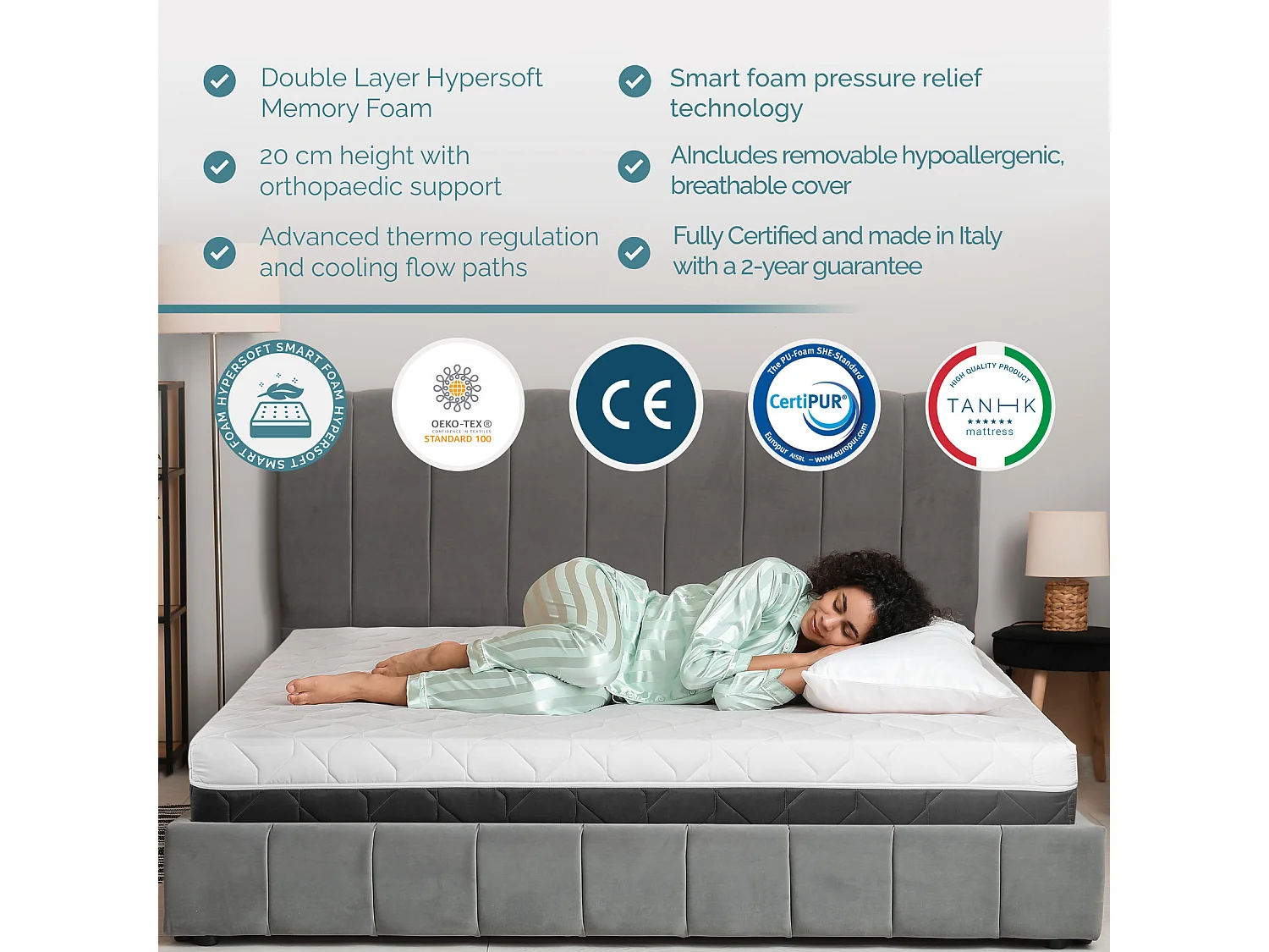 TANHK Matelas double couche à mémoire de forme 160x190, 20cm, Moelleux, Hypoallergénique, Housse amovible, Fabriquée en Italie