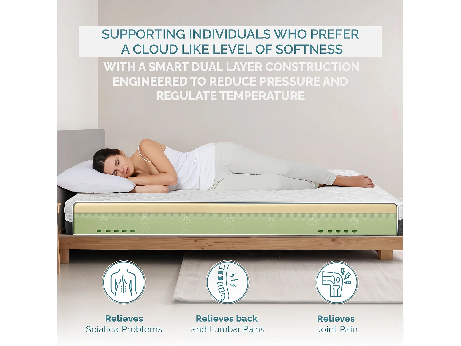 TANHK Matelas double couche à mémoire de forme 160x190, 20cm, Moelleux, Hypoallergénique, Housse amovible, Fabriquée en Italie