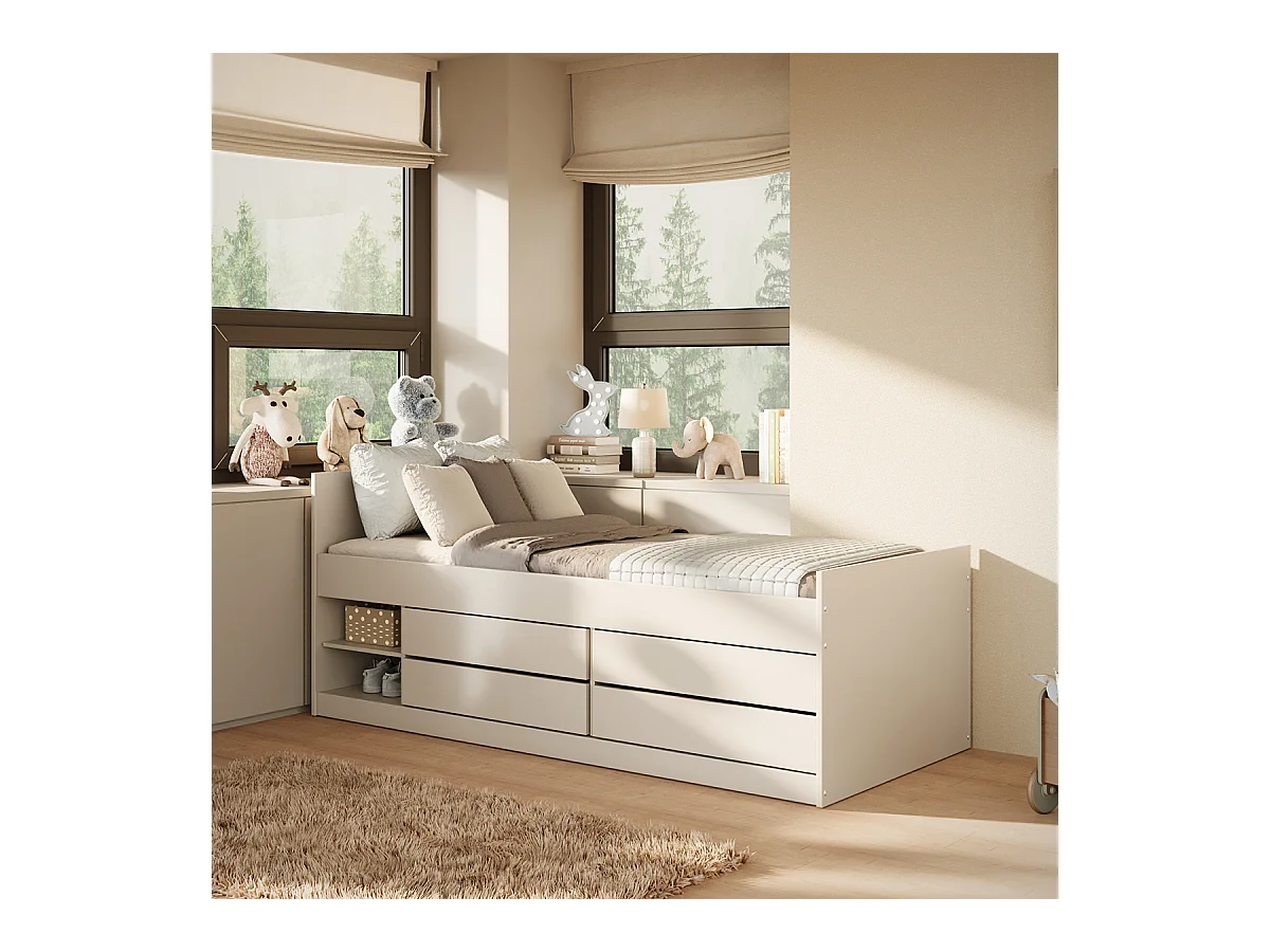 Lit 90x200 sommier matelas et tiroirs inclus Léon Blanc