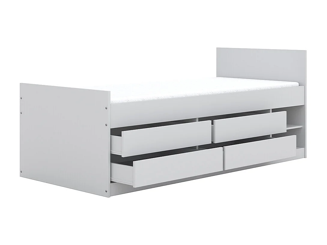 Lit 90x200 sommier matelas et tiroirs inclus Léon Blanc