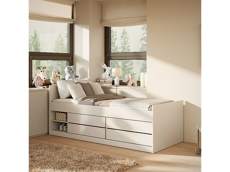 Lit 90x200 sommier matelas et tiroirs inclus Léon Blanc