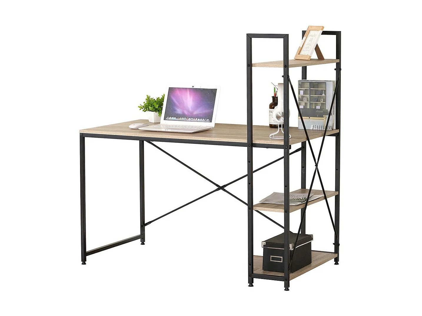 Houten en metalen bureau HOLBORN met planken, eiken en zwart kleur