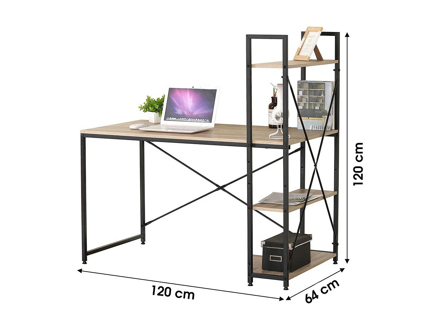 Houten en metalen bureau HOLBORN met planken, eiken en zwart kleur