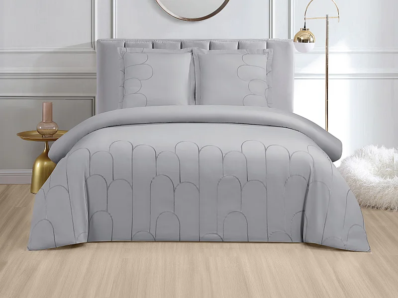 Komplet pościeli satynowej z haftem 100% bawełny 120 nici/cm² - Poszwa na kołdrę 220 x 240 cm + 2 poszewki na poduszkę 65 x 65 cm - Szary - RIVANA marki PALACIO