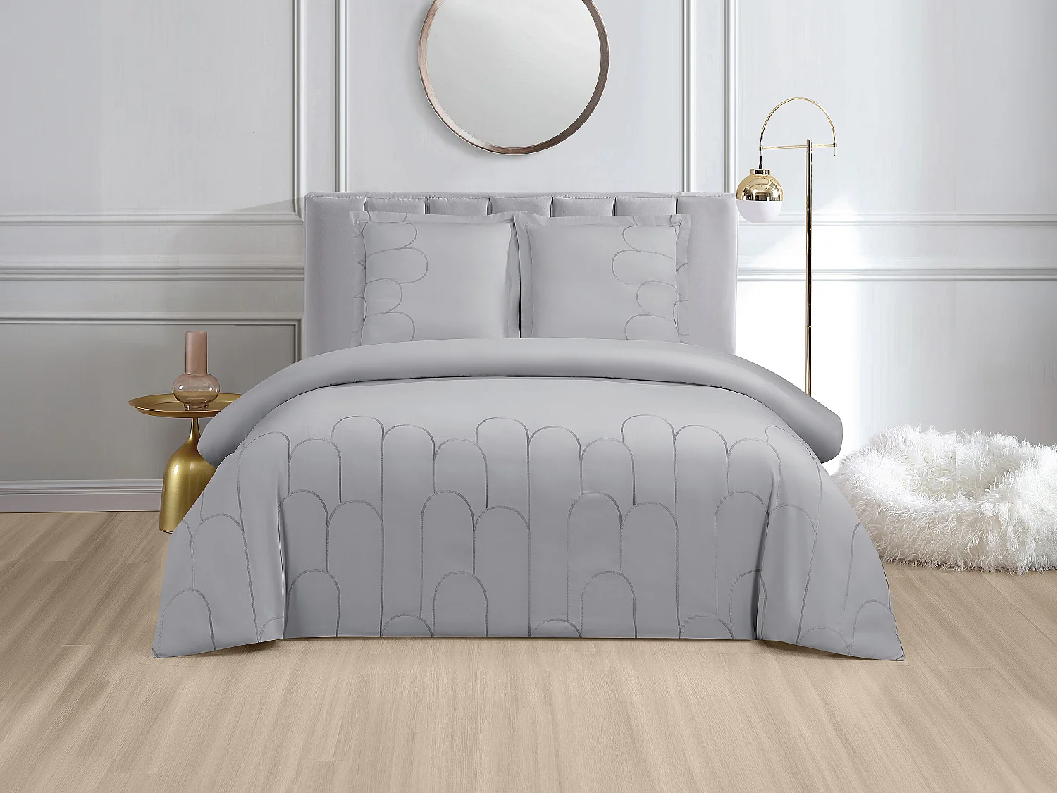 Parure de lit brodée en satin 100% coton 120 fils/cm² - Housse de couette 240 x 260 cm + 2 taies d'oreiller 65 x 65 cm - Gris - RIVANA de PALACIO