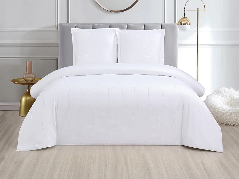 Juego de cama bordado de satén 100% algodón de 120 hilos/cm² - Funda nórdica 240 x 260 cm + 2 fundas de almohada 65x65 cm - Blanco - RIVANA de PALACIO
