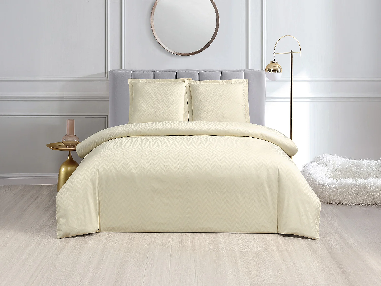 Set lenzuola Tessuto Jacquard 100%Cot. 120fili/cm² Copripium. 220x240+2Federe 65x65 Avorio - VENALY di PALACIO