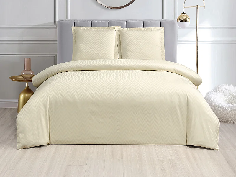 Parure de lit tissage jacquard en satin 100% coton 120 fils/cm² - Housse de couette 240 x 260 cm + 2 taies d'oreiller 65 x 65 cm - Ivoire - VENALY de PALACIO