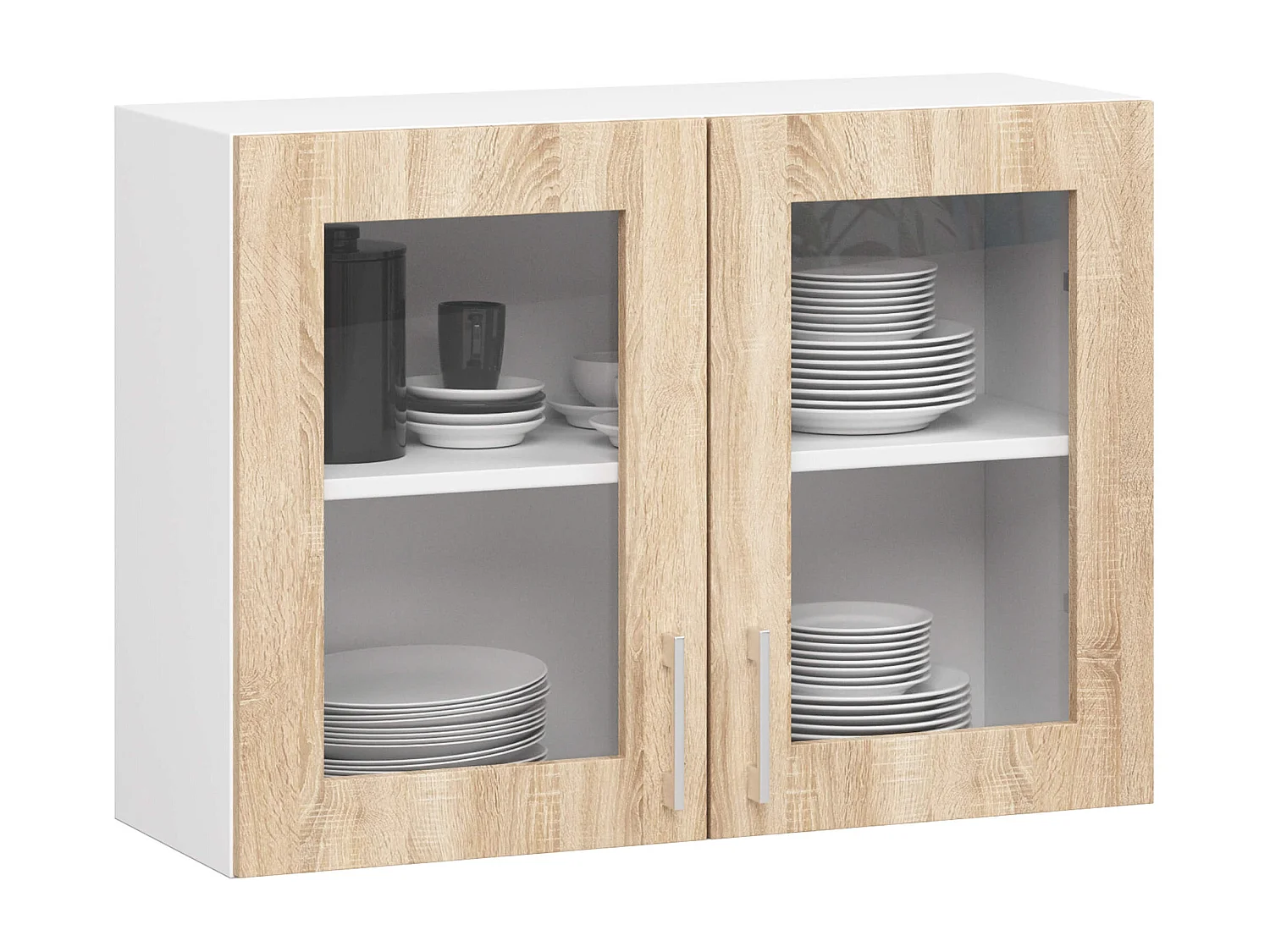 Vitrine de cuisine AKORD LIMA W80 D2 Blanche 80 cm 2 portes façade Chêne Sonoma 2 étagères 80x30,5x58 cm
