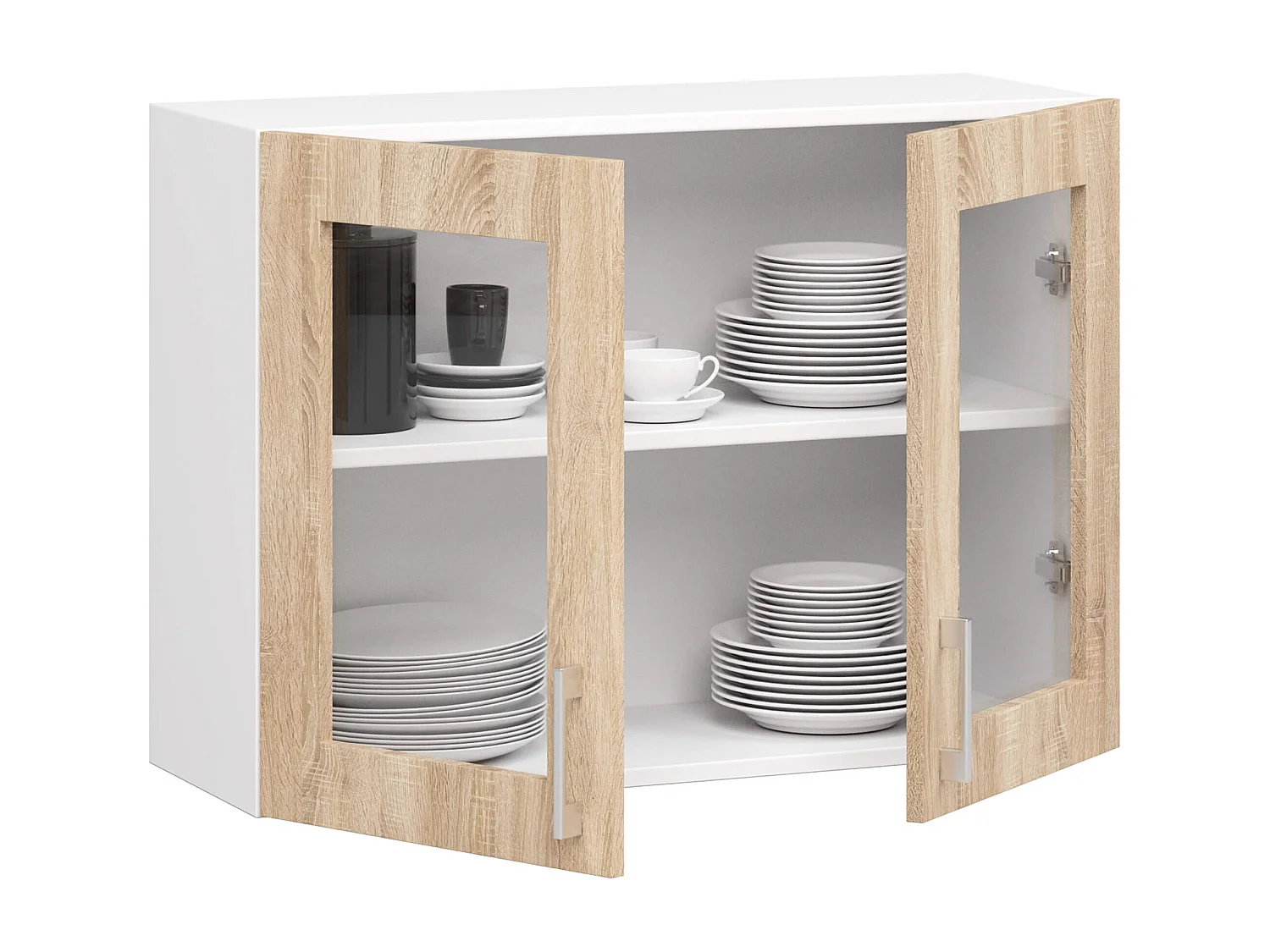 Vitrine de cuisine AKORD LIMA W80 D2 Blanche 80 cm 2 portes façade Chêne Sonoma 2 étagères 80x30,5x58 cm