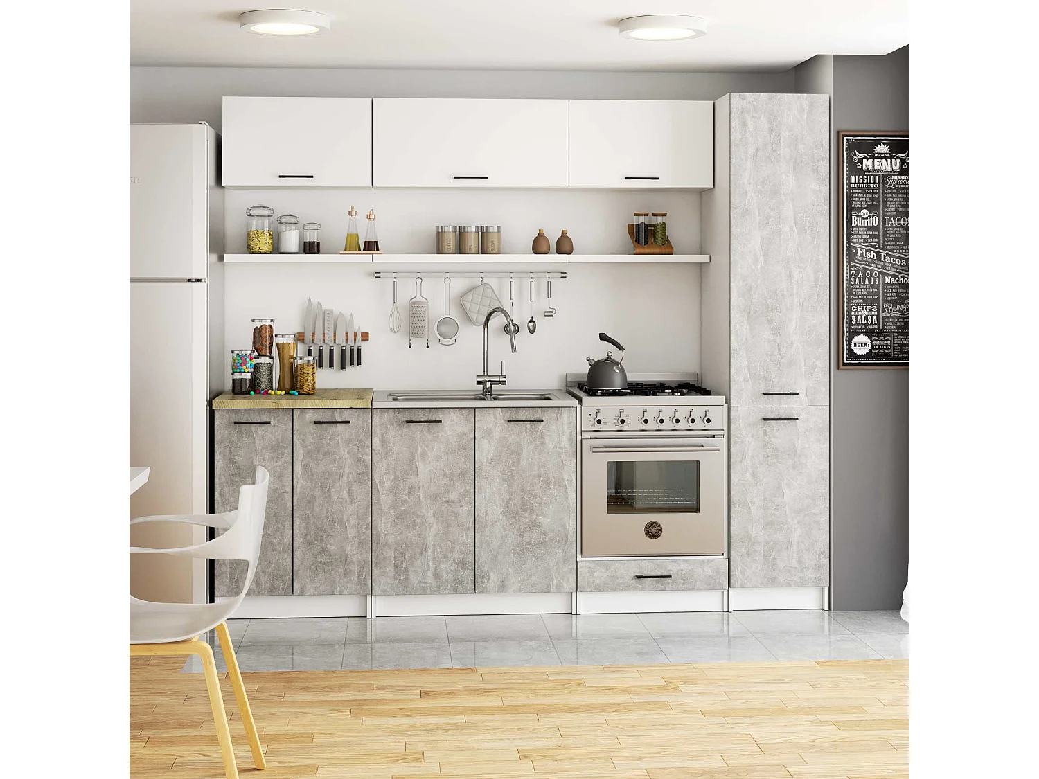 Słupek kuchenny AKORD OLIWIA Biały 40 cm 2 drzwi fronty kolor Beton mat 6 półek 40x57x205 cm