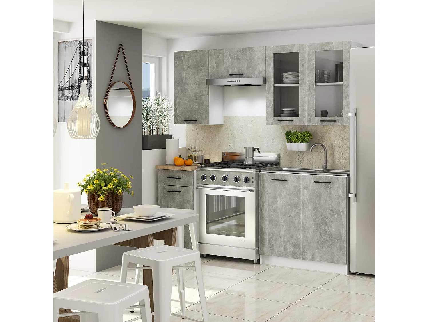 Vitrinekast, Keukenkast modulaire OLIWIA W80 H720 met 2 Deuren / Hangkast / Bovenkast / AKORD Furniture Factory / Wit – Beton Grijs / 80 x 72 x 30 cm