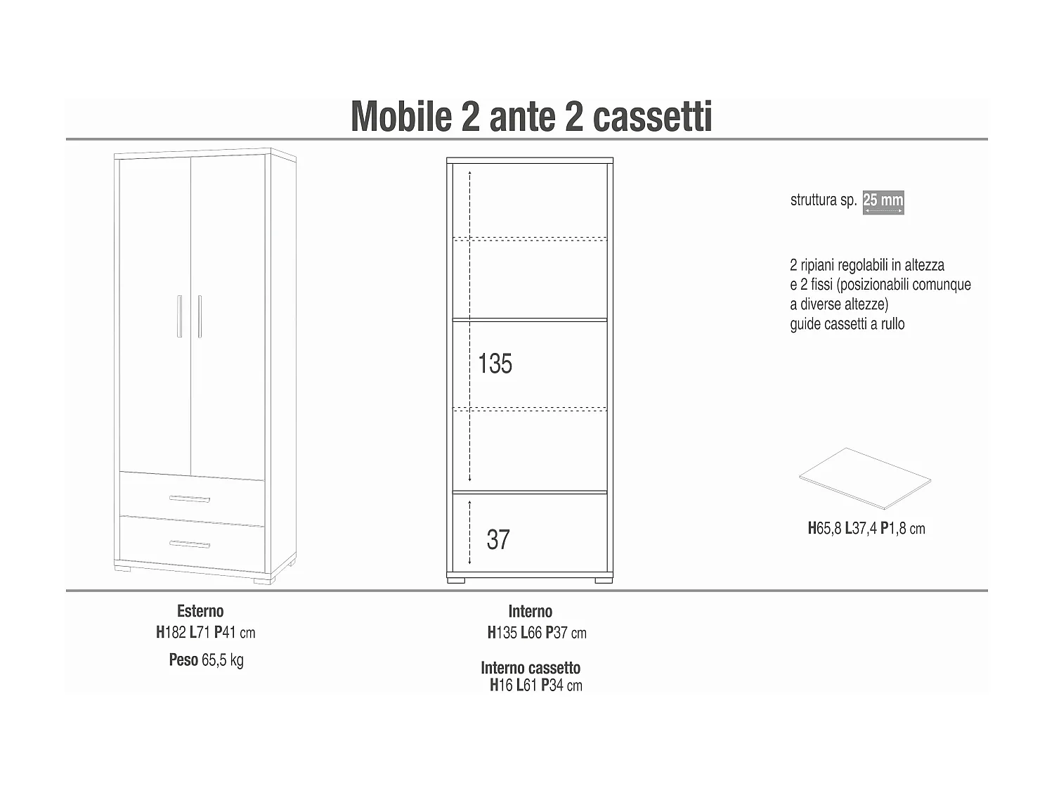 MilaniHome.it - armadio moderno con due ante e due cassetti di design moderno cm 71 l x 41 p x 182 hdi coloreBianco