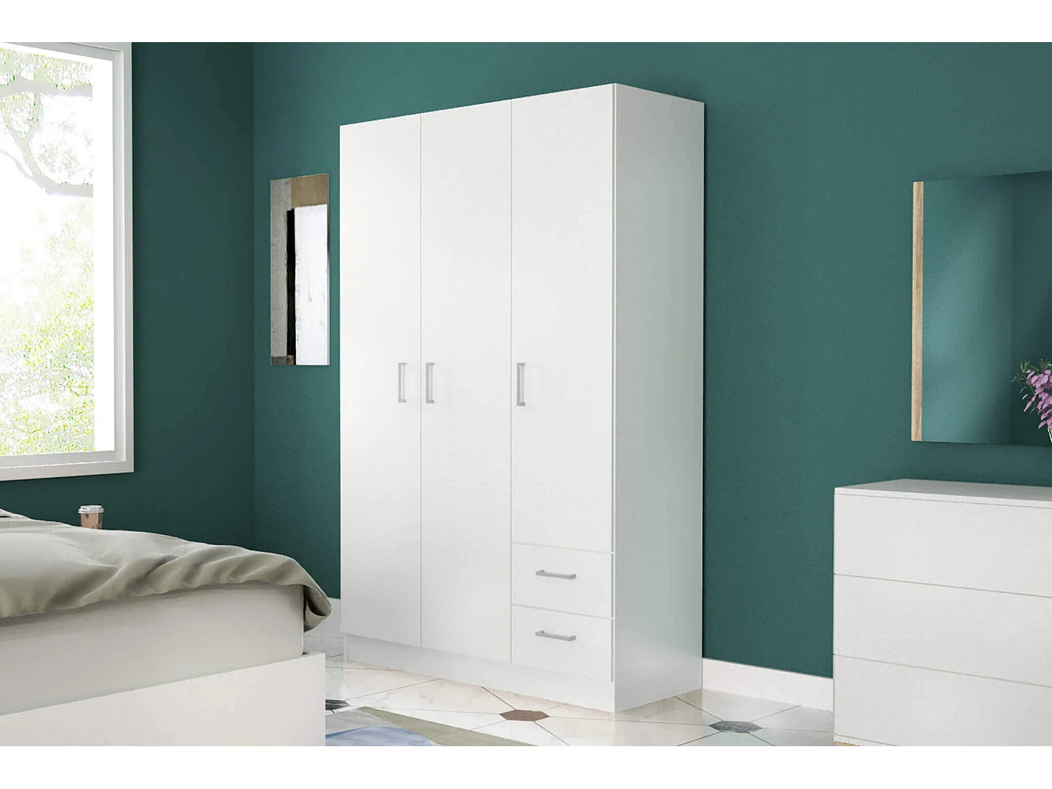 MilaniHome.it - armadio di design con 3 ante 2 cassetti di design moderno contemporaneo cm 120 x 52 x 190 hdi coloreBianco