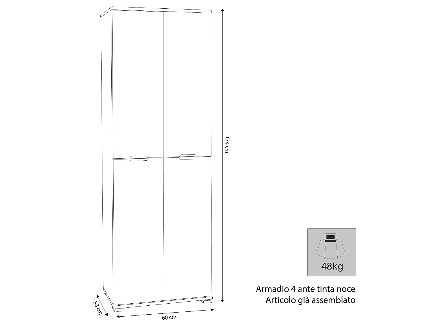 MilaniHome.it - armadio 4 ante per soggiorno cucina bagno fatto in Italia cm 60x38x174 hdi coloreBianco