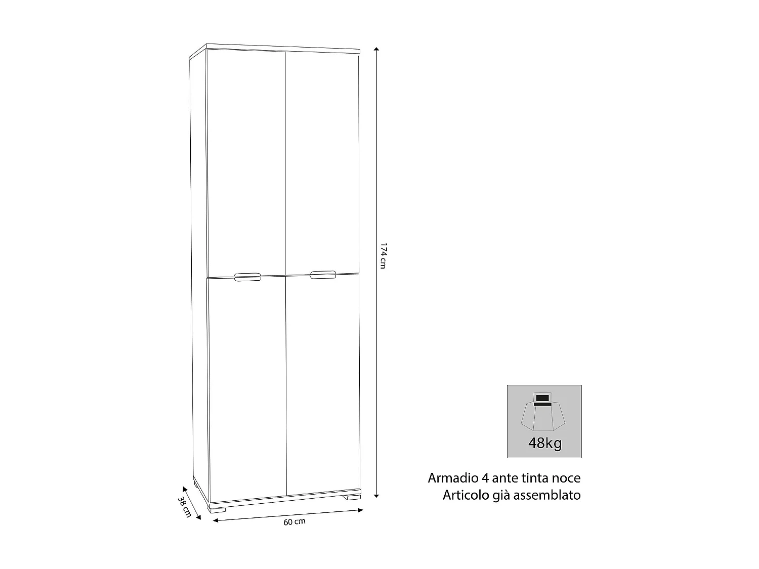 MilaniHome.it - armadio 4 ante per soggiorno cucina bagno fatto in Italia cm 60x38x174 hdi coloreRovere grigio